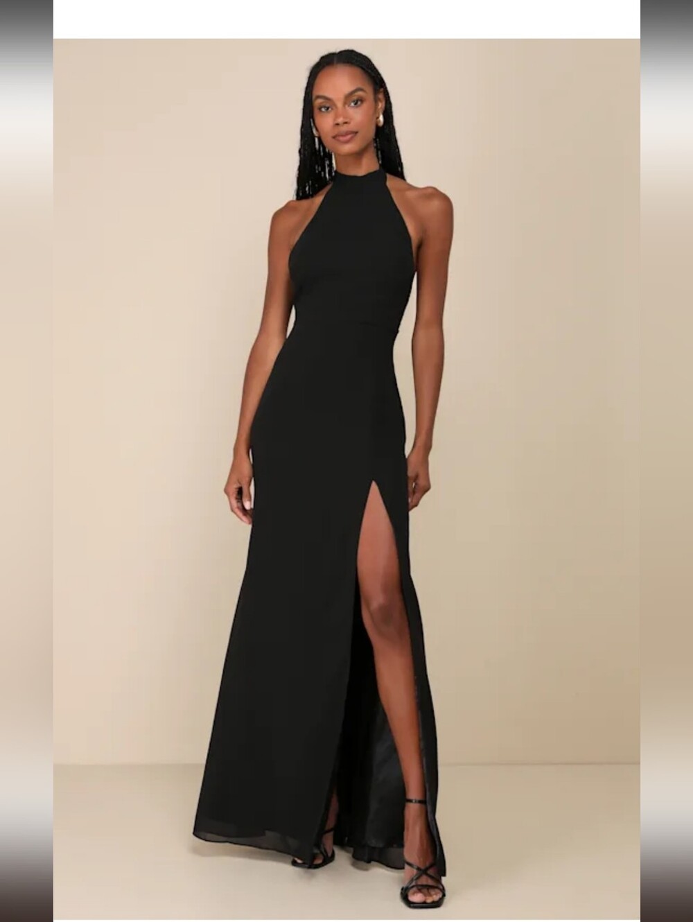 Lulus Captured Your Heart Halyer Maxi Dress Size Large Black Leg Slit Flowy